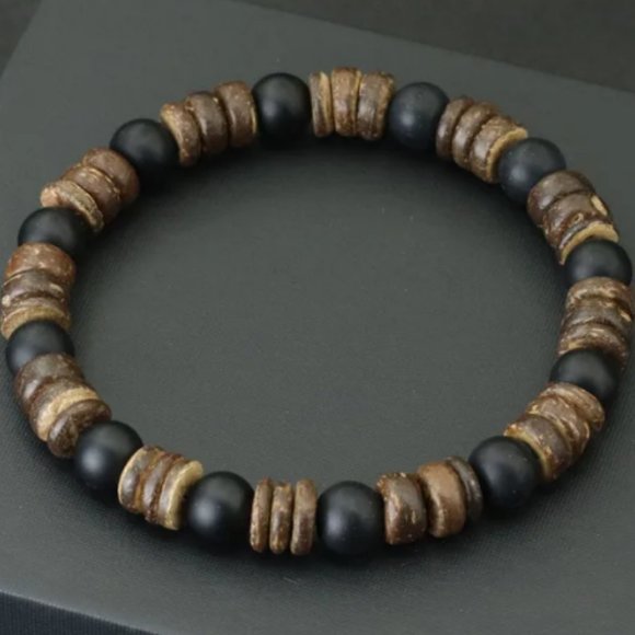 Black Onyx Bracelet,Coconut Bracelet,Gemstone and Coconut Beads Bracelet - Picture 1 of 1